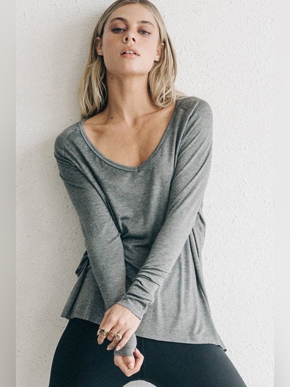 Joah Brown For Keeps V-Neck Long Sleeve Tee - Gray